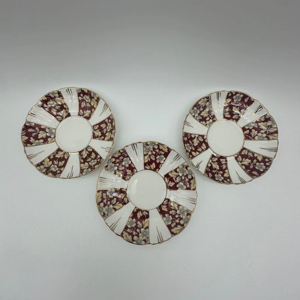 Royal Albert Brocade Art Deco Panel Shape Teacups and Saucers Set of 3 Burgundy
